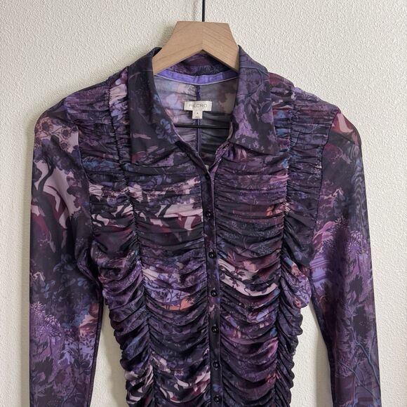 Pilcro Anthropologie Top Womens Small Purple Sheer‎ Button Up Nylon Fairy Grunge - Picture 3 of 16